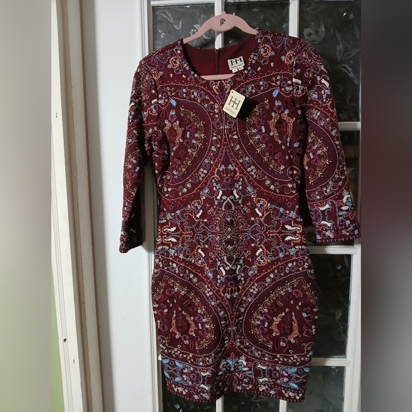 Haute Hippie Dresses & Skirts - HAUTE HIPPIE dress 3/4 Sleeve MERLOT burgundy Heavily Embroidered Sheath Size 6